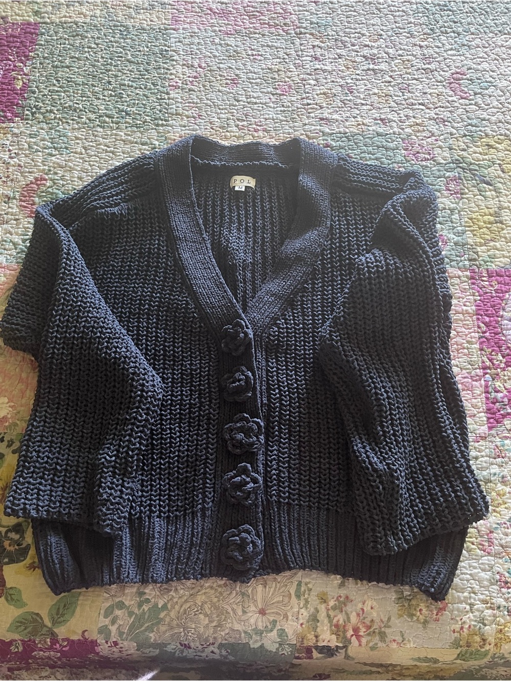 POL Navy Knit Cardigan with Flower Button Accents